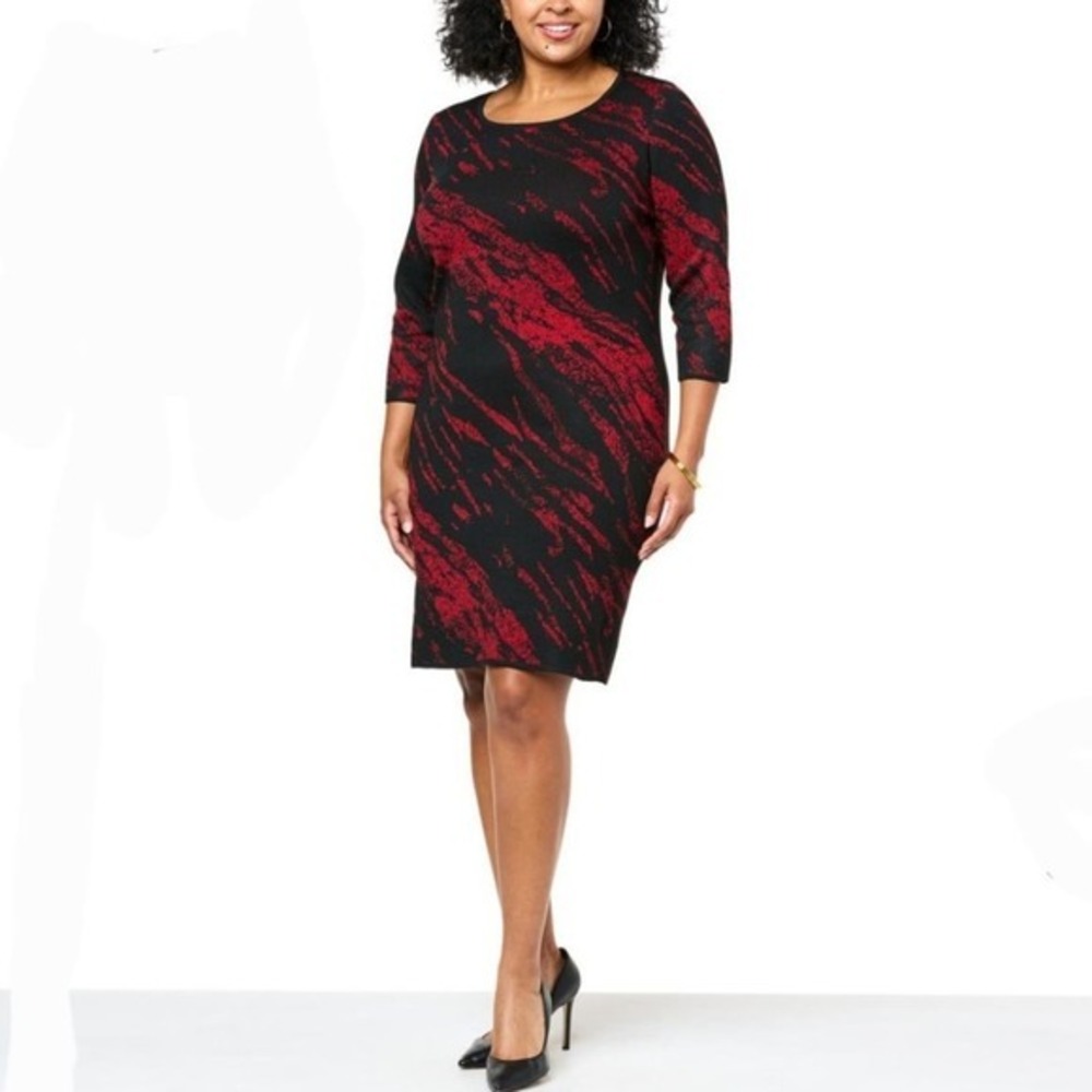 Nina Leonard 3/4-Sleeve black and red‎ Jewel Neck Sweater bodycon Dress size 3X